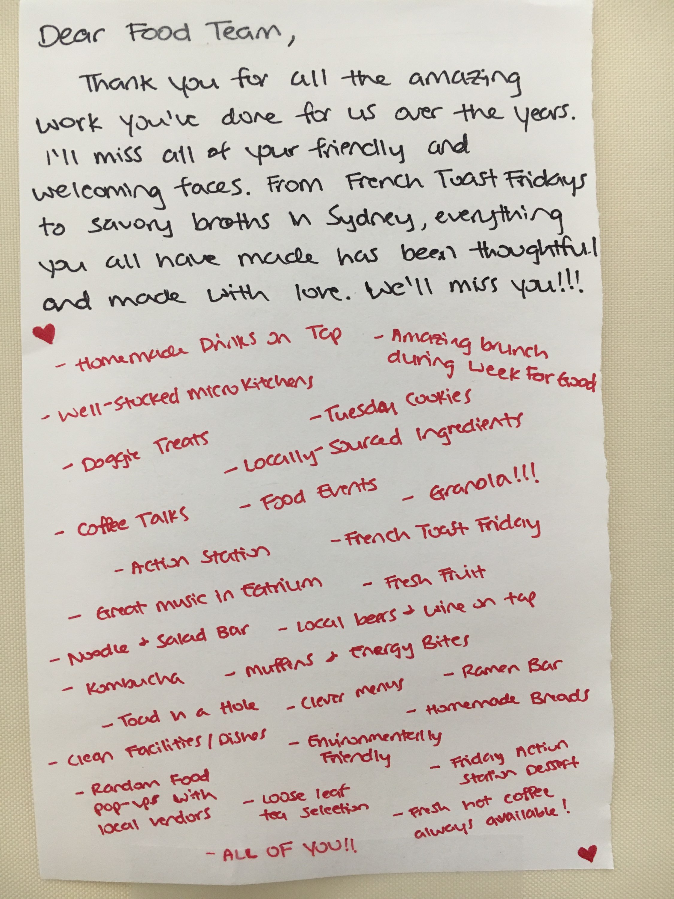 The Airbnb office staff decorate their hallways with handwritten notes and illustrations of support and gratitude for the cafeteria kitchen staff that were adversely affected by the transition, Nov. 8, 2017. Photo courtesy of Bernadette Ramos. 