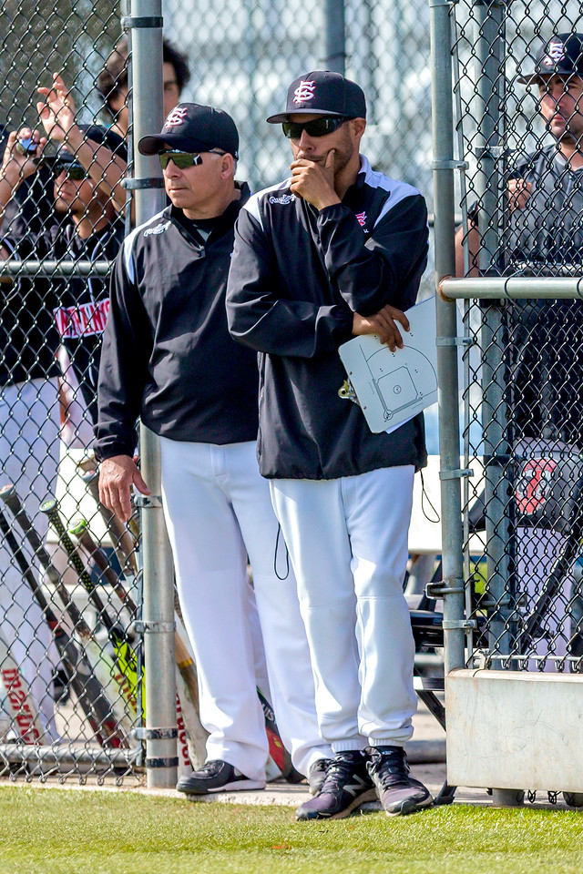 The Rams Interim Head Coach Mario Mendoza surveys the field during double header versus Siskiyous College on Feb. 10, 2018. Photo by Eric Sun/special to The Guardsman.