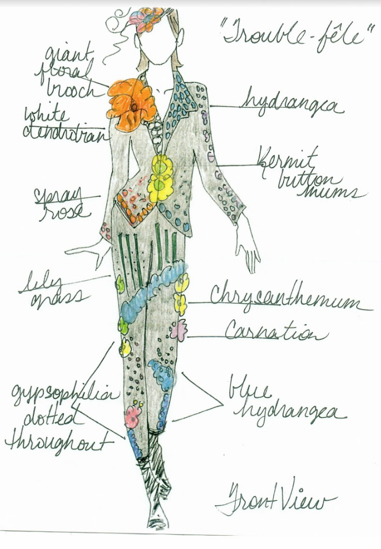 Shari Wilk's preliminary sketch for her floral pant suit design. Illustration by Shari Wilk.