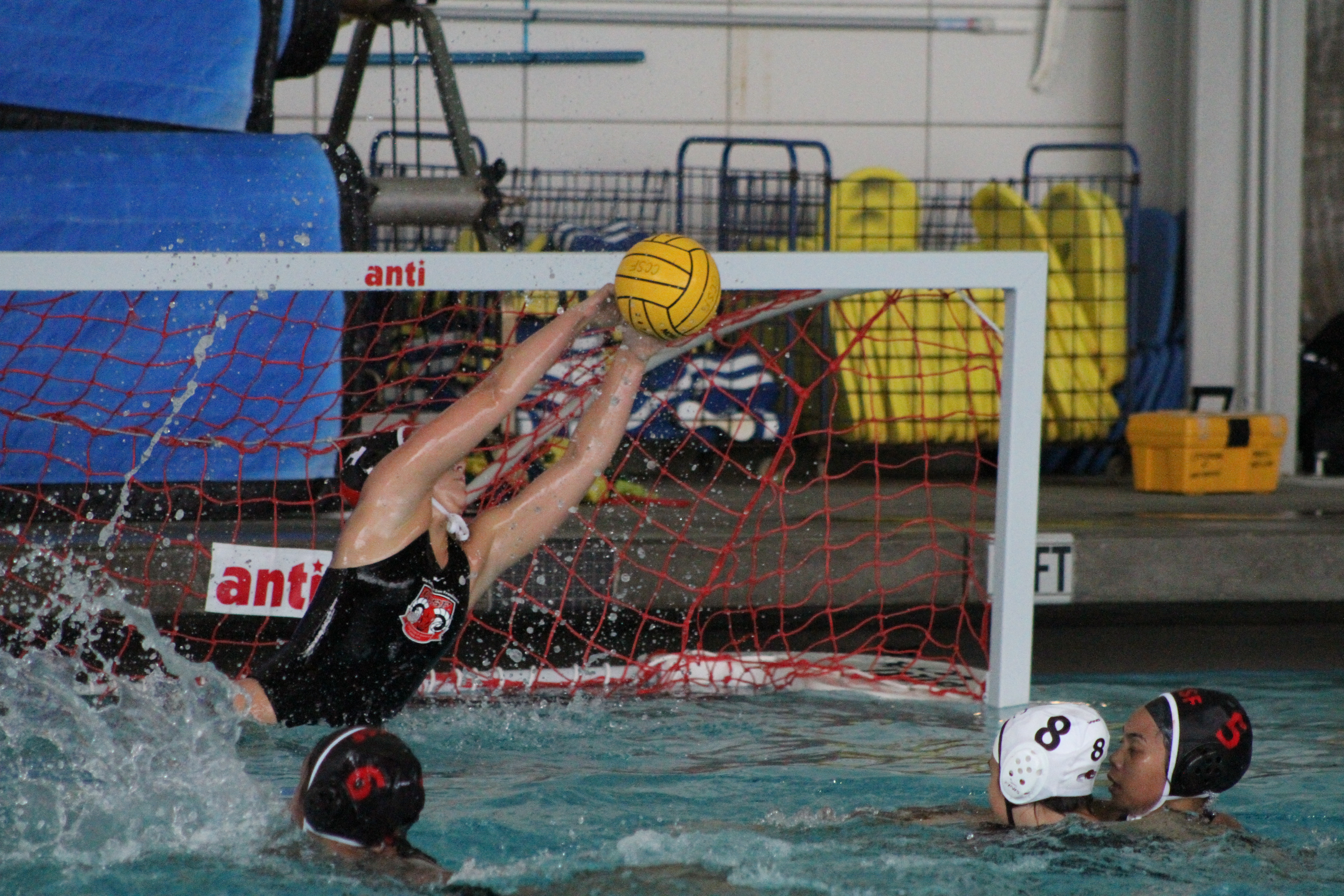 Goalie Ella Maisano (#1) makes a diving block against Los Positas on Friday, Sept. 21, 2018. Photo by Peter J. Suter